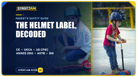 StreetJam helmet standards guide cover reading The Helmet Label, Decoded with CE, UKCA, US CPSC, AS/NZS 2063, ASTM and BIS