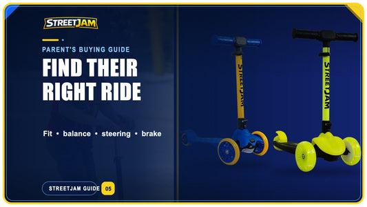 StreetJam kids scooter buying guide cover reading Find Their Right Ride over real scooter photography