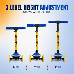 Three yellow and blue Street Jam scooters shown side by side with increasing heights labeled 64 cm, 77 cm, and 83 cm, under the headline '3 LEVEL HEIGHT ADJUSTMENT' on a light blue gradient background.