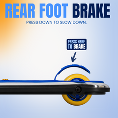 A close-up product graphic of a rear foot brake on a blue and yellow electric scooter or skateboard-style vehicle. Large text at the top reads 'REAR FOOT BRAKE' with smaller text 'PRESS DOWN TO SLOW DOWN.