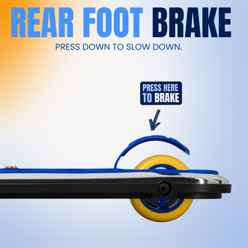 A close-up product graphic of a rear foot brake on a blue and yellow electric scooter or skateboard-style vehicle. Large text at the top reads 'REAR FOOT BRAKE' with smaller text 'PRESS DOWN TO SLOW DOWN.