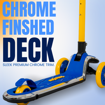 A blue and yellow kick scooter with chrome trim, shown at an angle with large text reading 'CHROME FINISHED DECK' on a light blue background.