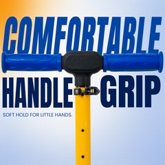A close-up of a children's scooter or ride-on toy handlebar with blue textured grips and a yellow frame, overlaid with large blue text reading 'COMFORTABLE HANDLE GRIP' and smaller text 'SOFT HOLD FOR LITTLE HANDS.'.