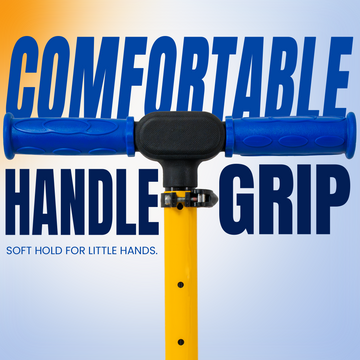 A close-up of a children's scooter or ride-on toy handlebar with blue textured grips and a yellow frame, overlaid with large blue text reading 'COMFORTABLE HANDLE GRIP' and smaller text 'SOFT HOLD FOR LITTLE HANDS.'.