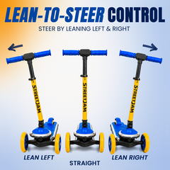 Three views of a blue and yellow StreetJam children's kick scooter on a light blue gradient background, illustrating lean-to-steer control with text and arrows.