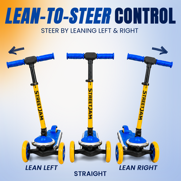 Three views of a blue and yellow StreetJam children's kick scooter on a light blue gradient background, illustrating lean-to-steer control with text and arrows.