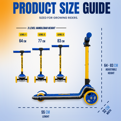 Product size guide infographic for a growing rider scooter, showing three handlebar height levels (64 cm, 77 cm, 83 cm) and dimensions for a 65 cm length and 32 cm width scooter on a light blue gradient background.