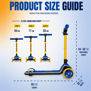 Product size guide infographic for a growing rider scooter, showing three handlebar height levels (64 cm, 77 cm, 83 cm) and dimensions for a 65 cm length and 32 cm width scooter on a light blue gradient background.