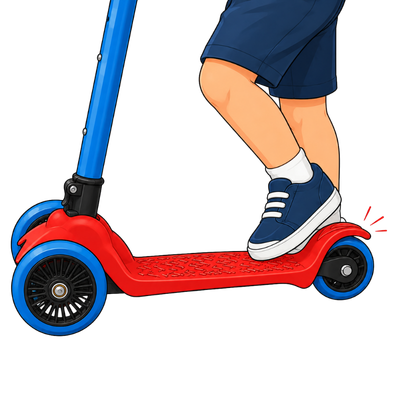 Rider pressing the rear scooter brake to stop