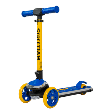 A Streetlam three-wheel kick scooter with a bright yellow frame and blue wheels, shown on a plain white background.