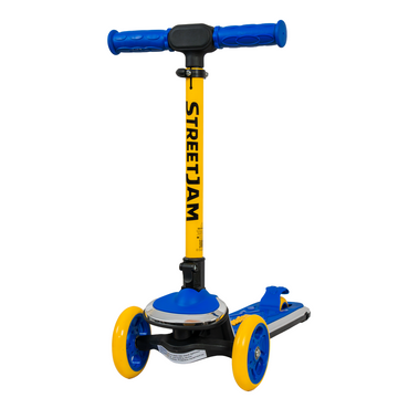 A Street Jam brand three-wheel scooter with a bright yellow frame, blue handlebars and deck, and yellow wheels, shown against a plain white background.