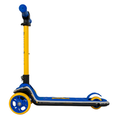 A blue and yellow kids' kick scooter with a tall handlebar, shown from a side profile on a solid white background.