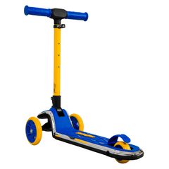 A blue and yellow adjustable three-wheel kick scooter with a black handlebar and a silver grip tape strip on the deck, shown against a plain white background.