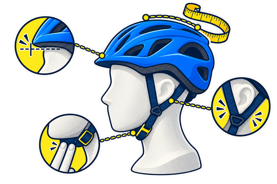 Laboratory headform showing a level helmet position, V-shaped side straps, snug chin strap and head measurement.