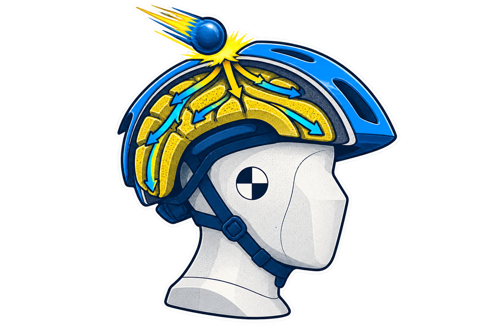 Cutaway illustration showing impact energy spreading through a bicycle helmet shell and liner on a laboratory headform.